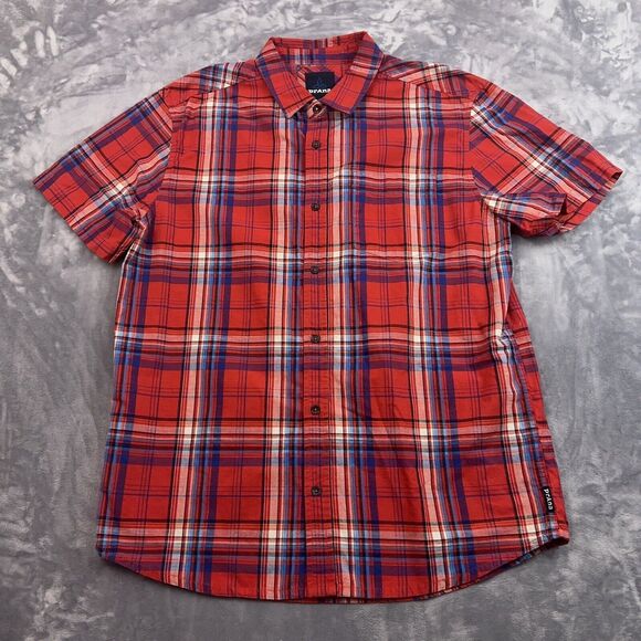 prAna Men's Red Plaid Benton Short Sleeve Button Up Shirt Size Large - Picture 1 of 7